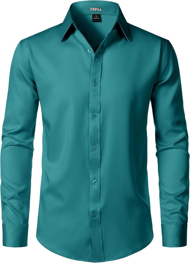 ZEROYAA Men's Wrinkle Free Long Sleeve Dress Shirt Business Casual Modern Slim Fit Button Down Shirts for Wedding and Office (Medium, Teal)