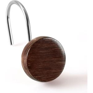 Farmhouse Boho Shower Curtain Hooks: Rustic Wood Textured Resin Button Hooks Stainless Steel Rings - Decorative Fall Winter Christmas Bathroom Accessories for Western Vintage & Nature-Inspired Dcor