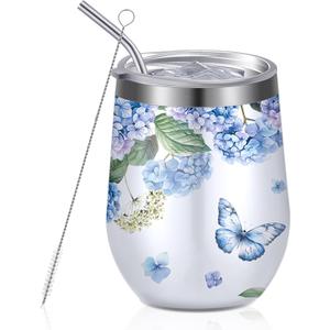 Geiserailie Floral Insulated Wine Tumbler 12 oz Spring Hydrangea Butterfly Stainless Steel Wine Glass with Lids and Straw Double Wall Travel Tumble for Women Coffee Cocktail Mother's Day Gift