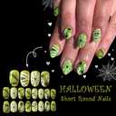 Halloween Press on Nails Short Almond False Nails with Love Spider Web Design Cute Ghost Fake Nails Glossy Full Cover Green Glue on Nail Reusable Holiday Stick on Nail for Women Girls Manicure 24Pcs