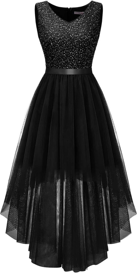 BeryLove Cocktail Formal Dresses 2025 Wedding Guest Party Prom Sleeveless Lace High Low Christmas Dress (X-Small, Tulle Sequin Black)