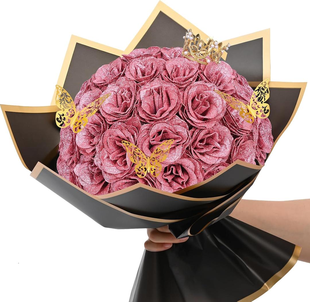Waipfaru Glitter Roses Bouquet, DIY Fake Flowers Bouquet, Birthday Gifts for Women Mom, 36 Pcs Rose Gold Rose for Wife Girlfriend Valentines, Mothers Day, Anniversary, Graduation