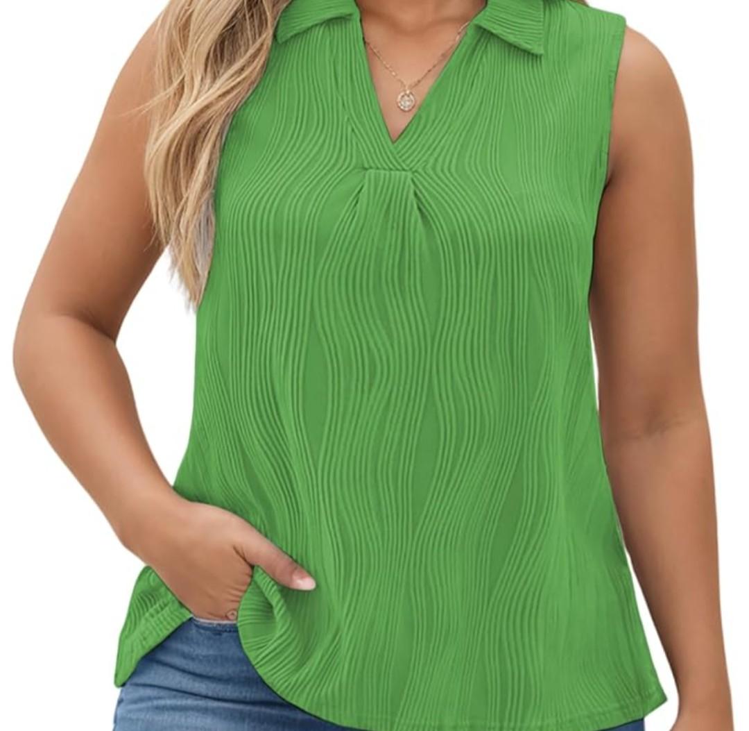 DOLNINE Womens-Plus-Size-Summer-Tank-Tops Dressy V Neck Collared Polo Shirts Casual Sleeveless Tunics Trendy Textured Blouses XL