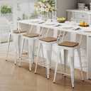 Andeworld Bar Stools Set of 4 Counter Height Stools Industrial Metal Barstools with Wooden Seats(24 Inch, Distressed White)