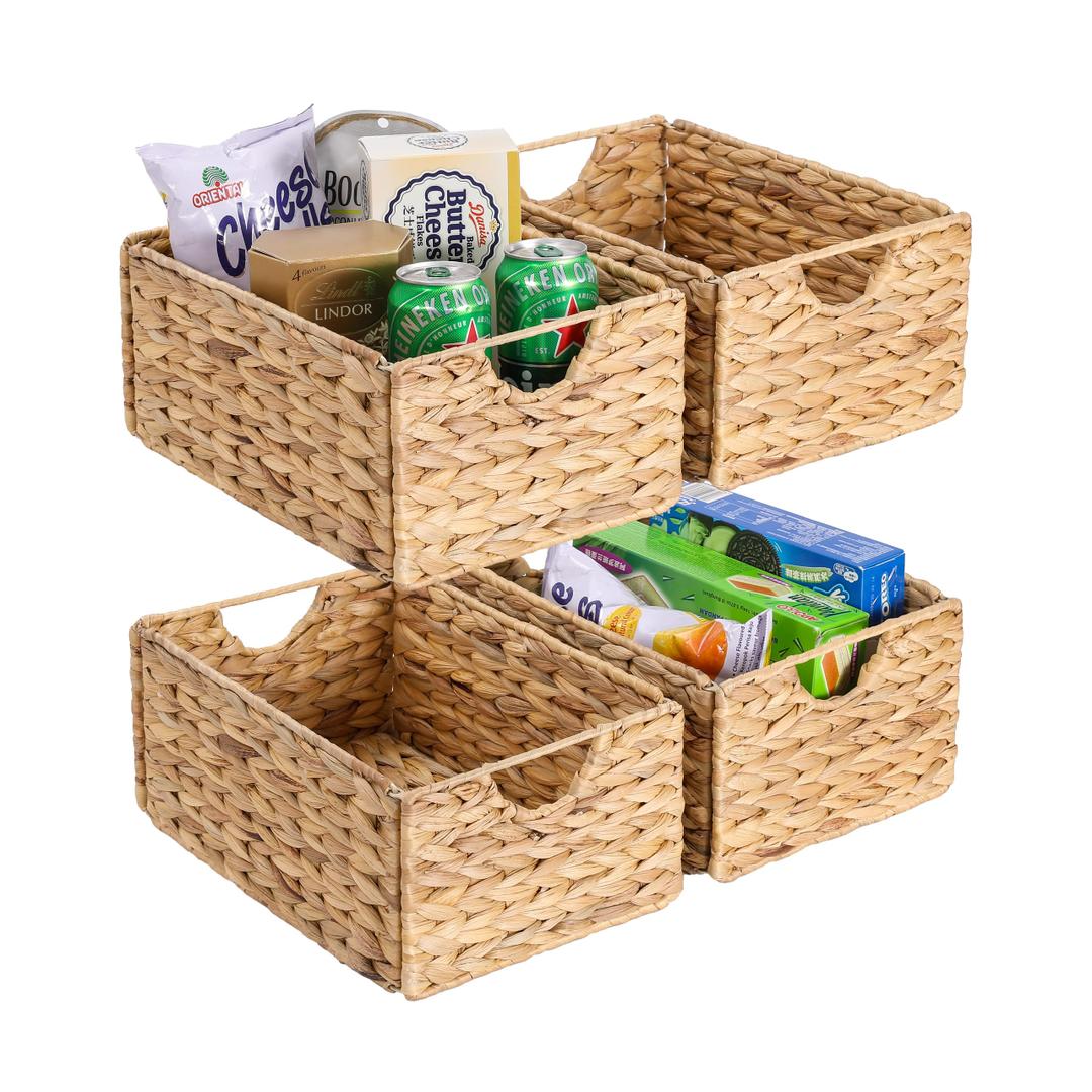 Water Hyacinth Pantry Baskets Set of 6, 12.5 x 9.5 x 6in Wicker Storage Baskets for Shelves, Pantry Baskets Organization, Bathroom Shelves Storage Basket