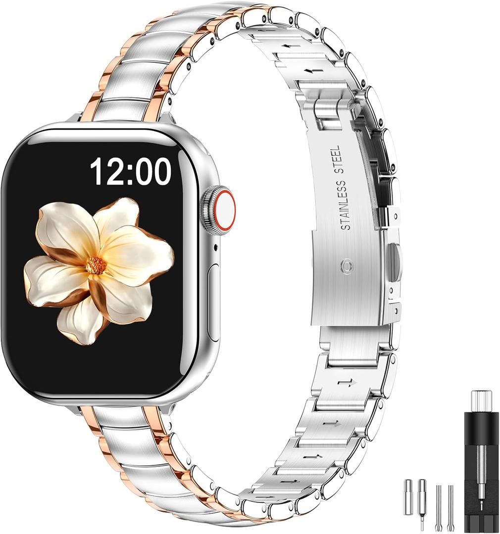MioHHR Thin Metal Bands Compatible with Apple Watch Band Ultra3/2/1 Series 11 10 9 8 7 6 5 4 3 2 1 SE3/2/1,Slim Narrow Stainless Steel Strap for Women iWatch 49mm 46mm 45mm 44mm 42mm 41mm 40mm 38mm