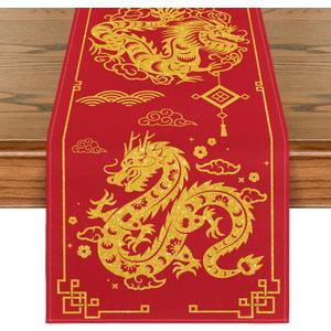 Artoid Mode Chinese Zodiac Dragon 2025 Happy New Year Table Runner, Spring Festival Winter Kitchen Dining Table Decoration for Home Party 13x108 Inch (Red/Yellow)