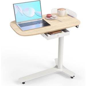Rolling Desk Adjustable Height with Drawer and Wheels, Portable Small Standing Desk Pneumatic for Home Office, Mobile Computer Laptop Desk Cart, Medical Sofa Overbed Table, Oak (30x18 in)