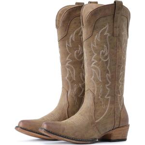 IUV Cowboy Boots for Women Mid Calf Fashion Cowgirl Boots with Embroidery Western Snip Toe (10, Brown)