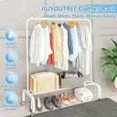JIUYOTREE Metal Clothing Rack with Wheels, 43.3 Inches Rolling Clothes Garment Coat Rack with Bottom Shelf, Clothing Rack for Hanging Clothes, Coats, Skirts, Shirts, Sweaters, White