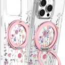 iPhone 15 Pro Max Case with Stand- Compatible with MagSafe Women Girls Cute Clear Girly Unique Design Soft TPU Magnetic Ring Phone Cover for Apple 15 Promax, Purple Flower