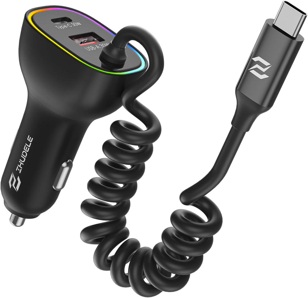 90W Car Charger, USB C Cigarette Lighter Adapter with 4FT Coiled Cable, PD 30W & QC3.0 Fast Charging, Compatible with iPhone 16/15 Series, Samsung Galaxy S24/S23/S22, iPad, Android Phones (Black)