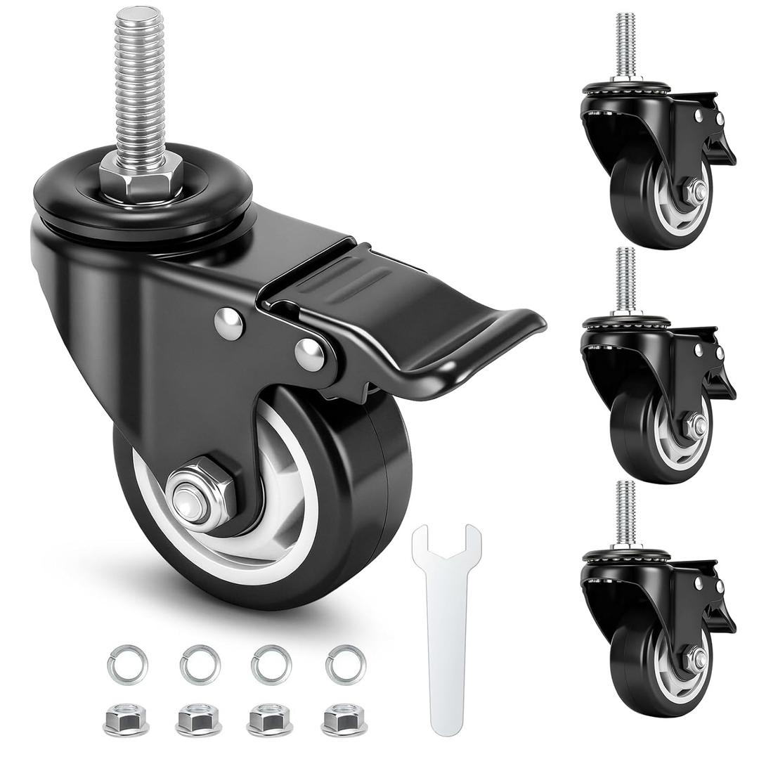 3 Inch Caster Wheels, Casters Set of 4,1/2"-13 x 1 (Screw Diameter 1/2", Screw Length 1.5") Threaded Stem Casters, Heavy Duty Industrial Castors, Locking Caster for Furniture and Workbench