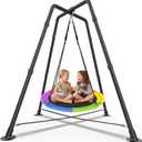 Swing Set with 35'' Saucer Swing, Sensory Swing Set, Metal 32mm Diameter Swing Stand with Saucer Swing, X-Shaped Swing Frame, w/4 Ground Stakes, for Indoor and Outdoor 330LBS (Multicolor)