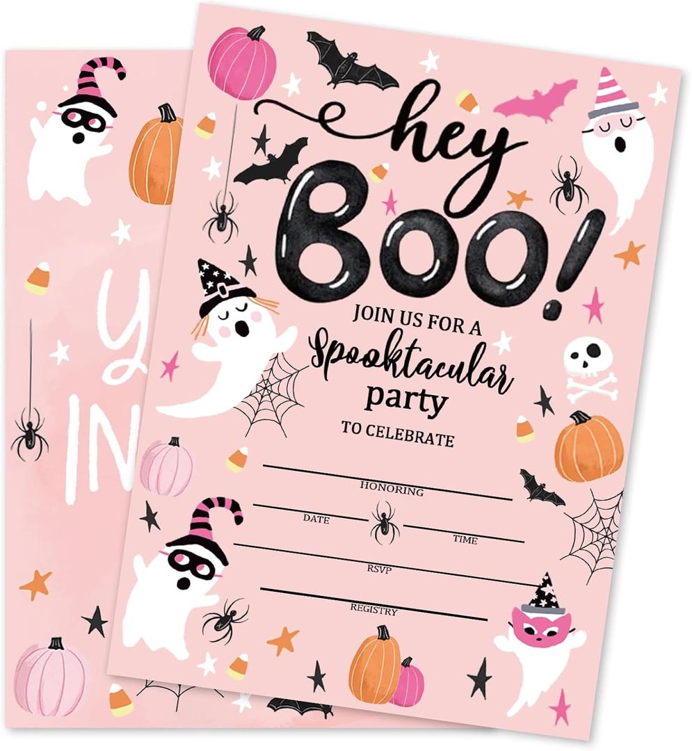 Whaline 25 Sets Halloween Boo Invitations with Envelopes Stickers Pink Ghost Pumpkin Invitation Cards Blank Invites for Birthday Party Supplies, 5 x 7 Inch
