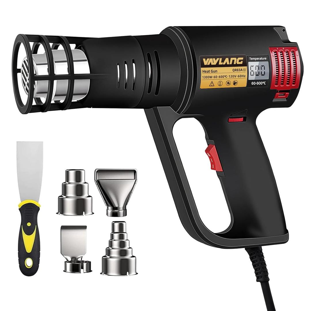 Digital Display Heat Gun 1300W, Variable Temperature 122F-1202F/50C-650C, 5 Speed & Temp Settings, Overheat Protection with 4 Nozzles for Shrink Wrapping, Electronics, Crafts