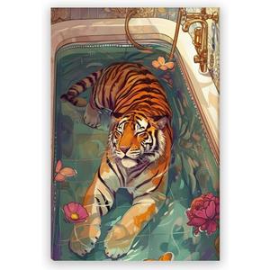 TcnBzydkij Tiger in Bathtub Canvas Wall Art Print Pink Kitsch Bathroom Aesthetic Poster Funny Animal Wall Art Maximalist Dopamine Picture Print for Bathroom Restroom Decor 12x18inch Unframed (style-7-Unframed)