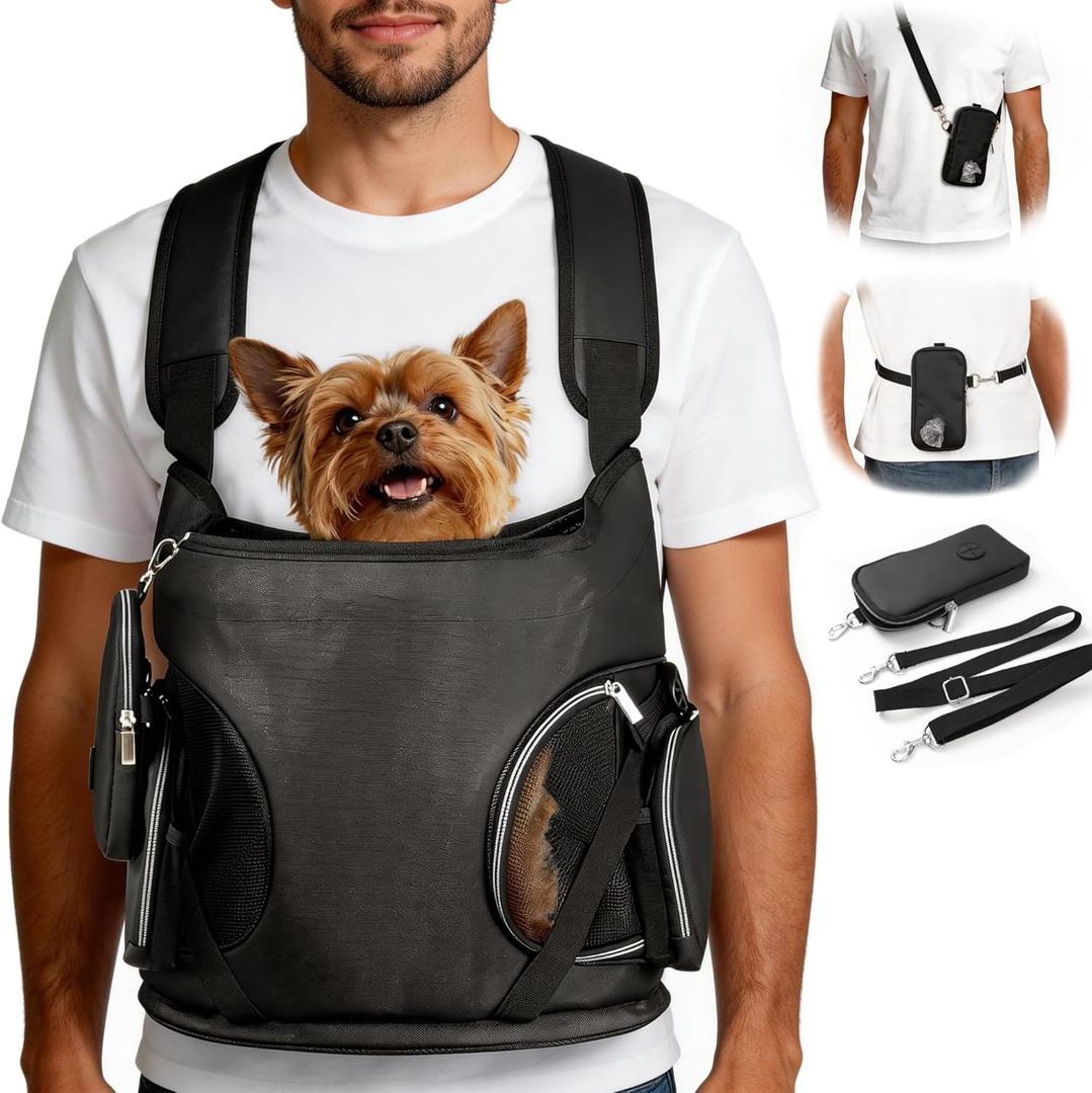 YUDODO Dog Front Backpack Carrier 5-15 lbs, Soft Breathable Pet Front Facing Carrier with Adjustable Straps, Multi-Pocket Design, for Small Dogs & Cats (with Detachable Sling Pouch - Black)