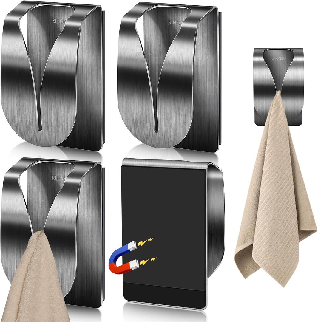 KIHOGEM 4Pcs Magnetic Towel Hook Holder, Super Strong Magnet Kitchen Towel Hanger for Refrigerator, Stainless Steel Dish Rag Holder for Fridge RV Garage (Sliver)