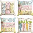 AVOIN colorlife Happy Easter Colorful Bunny Carrots Throw Pillow Covers, 20 x 20 Inch He is Risen Stripes Cushion Case Decoration for Sofa Couch Set of 4
