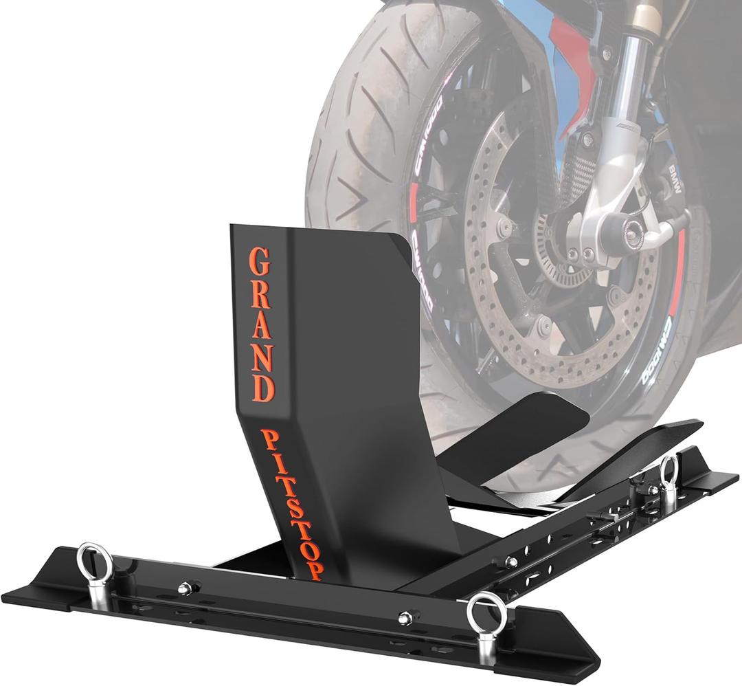 GRAND PITSTOP Universal Wheel Chock for Motorcycle Stand for Trailer Completely Adjustable Detachable Foldable Wheel Chock (Black)
