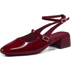 Coutgo Womens Mary Jane Chunky Low Heels Closed Square Toe Ankle Strap Pumps Wedding Party Dress Shoes (7, Dark Red)