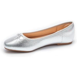Women's Comfortable Round Toe Ballet Flats Dress Shoes, Silver, Size 9