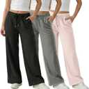 Common Stitch 3 Pack Wide Leg Fleece Lounge Sweatpants for Women Deep Pockets, Relaxed Fit, Elastic Drawstring Waist (Black / Med. Heather Grey / Light Pink), Size: XL