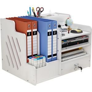 Bamboo Desk Organizer, Desktop Wood Bookshelf File Organizer, Pen Holder and Tissue Holder, 1 Drawer with lock for Office, Home, Need to Install (White)