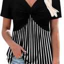 ONLYSHE Womens V Neck Shirts Short Sleeve Tops Front Knotted T Shirt Casual Solid&Floral Tunic Summer Henley Tees Blouse (L)