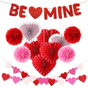 Fulmoon 13 Pcs Valentine Paper Kit Party Decorations, Valentine's Day Decorations Paper Flowers Hanging Fan Heart Craft Kit with Be Mine Banner, for Anniversary, Wedding, Engagement Party