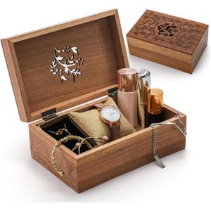 Memory Box, Acacia Wood Floral Engraved Souvenir Box with Hinged Lid, Small Decorative Jewelry Storage Organizer for Thanksgiving, Christmas, Birthday, Anniversary