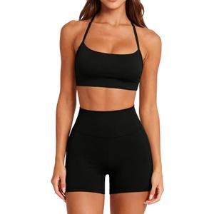 SUUKSESS Women 2 Piece Workout Sets Padded Halter Sports Bras High Waisted Biker Shorts with Pockets (Black, S)