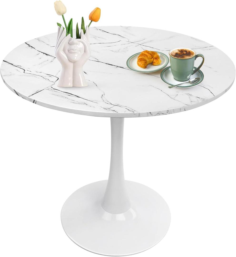 31.5 Inch Round Dining Kitchen Table White Faux Marble Mid-Century Modern Leisure Table with Pedestal Base in Tulip Design for Home Kitchen Office Small Spaces