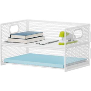 Marbrasse 2 Tier Paper Organizer Letter Tray, Mesh File Organizer with Handle, Paper Sorter Desk Organizer for Home Office Supplies - White
