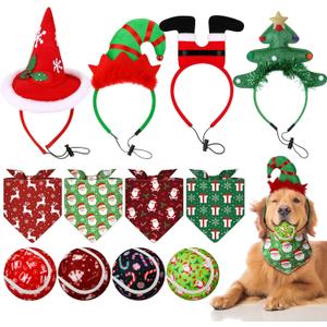 Frienda 4 Set 12 Pcs Christmas Dog Costume Accessory Include Dog Bandanas Triangle Scarf, Adjustable Pet Headband, Squeaky Tennis Pet Balls for Xmas Outfit Supplies