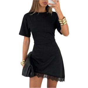 SHENHE Women's Lace T Shirt Dress Asymmetrical Cinched Waist Mini Dresses (Black, M)