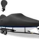 1200D Waterproof Boat Cover with Motor Cover, Solution-Dye Marine Canvas Trailerable Boat Cover 20-22ft for 20 feet 21ft 22' Foot V-Hull Bass Boat Tri-Hull Runabout Boat,Deep Black (Length: 20'-22', Beam Width: up to 102")