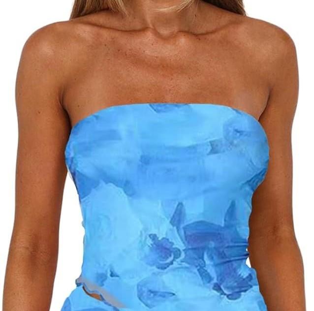 Women Summer Asymmetrical Mesh Strapless Tube Tops Going Out Outfits (Medium, Blue Floral)