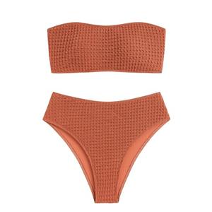 ZAFUL Women's Textured Bandeau Bikini Strapless Solid Color 2 Pieces Bathing Back Lace-up Suit Swimsuit (Caramel, S)