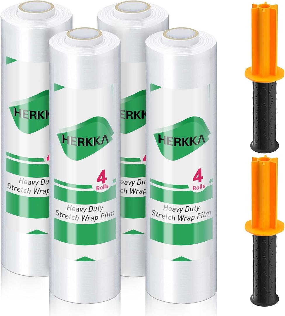 Stretch Film, HERKKA Stretch Wrap with Handles Industrial Strength, Moving Wrapping Plastic Roll, Shrink Wrap for Pallet Wrap, 15" x 1000 Feet, 4 Pack, 60 Gauge
