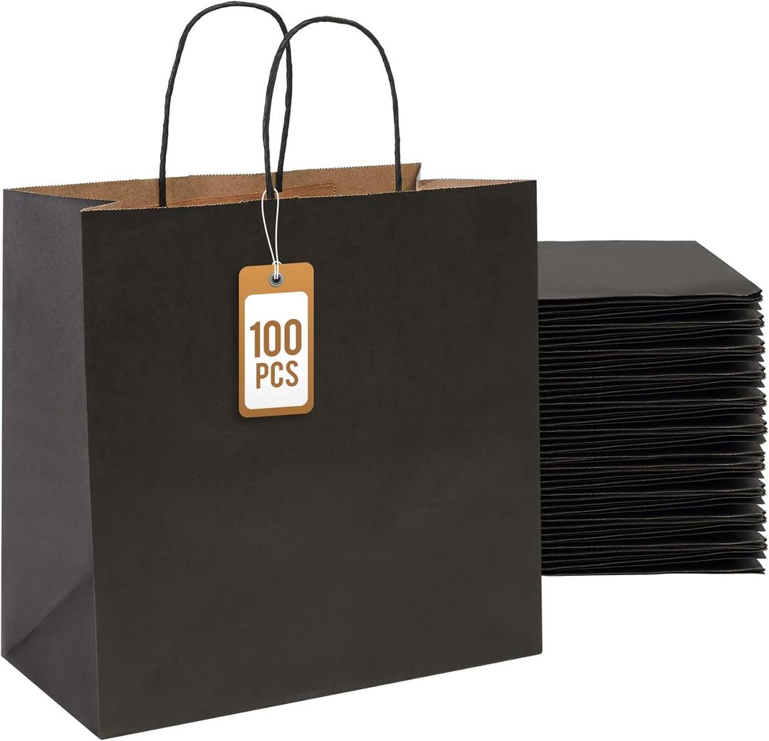 PAICUIKE 100Pcs Black Kraft Bags with Handles, 11x6x11 Inch Square Gift Bags for Retail, Shopping, Party Favors, Fathers Day, Events & Small Business | Sturdy & Versatile