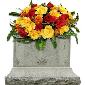 Headstone Flower Saddle, Artificial Cemetery Flowers for Grave-Realistic Red & Yellow Rose Mix Arrangement for Outdoor Memorial Decorations, Durable & Easy Fit