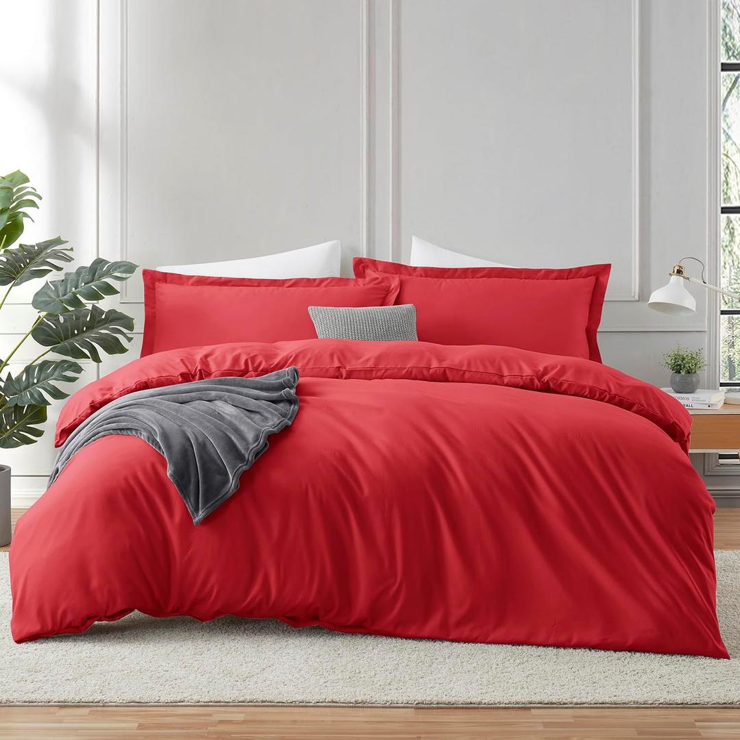 Hearth & Harbor Red Duvet Cover King Size - 3 Piece Soft Double Brushed Bedding Set - Includes 1 King Duvet Cover with Button Closure 104x90 inches and 2 Pillow Shams