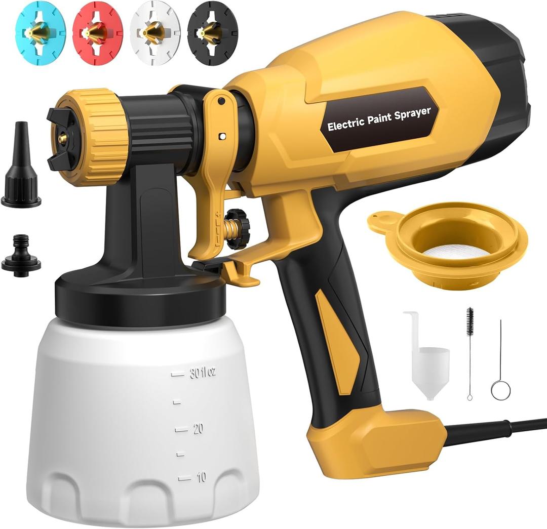 Paint Sprayer, Electric Spray Paint Gun, 3 Modes & 4 Brass Nozzles, with Cleaning & Blowing Joints, Variable Flow Control, for Doors, Fences, Walls, Cabinets, Garden Chairs, Furniture, etc.