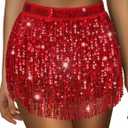 Sequin Skirt Sparkly Skirt Belly Dance Skirt Glitter Skirt Rave Sparkle Skirt Sequin Tassel Skirt Fringe Hip Scarf Women (Red)