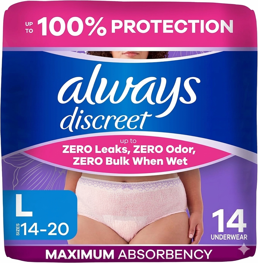 Always Discreet Overnight Adult Incontinence & Postpartum Bladder Leak Underwear for Women, Disposable, Small/Medium, 48 Count