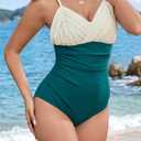 Women V Neck Tummy Control Ruched One Piece Swimsuit | Color Block Design, Adjustable Straps, Removable Padded Cups, Quick-Dry Stretch Fabric, Modest Coverage, for Beach, Pool (S)