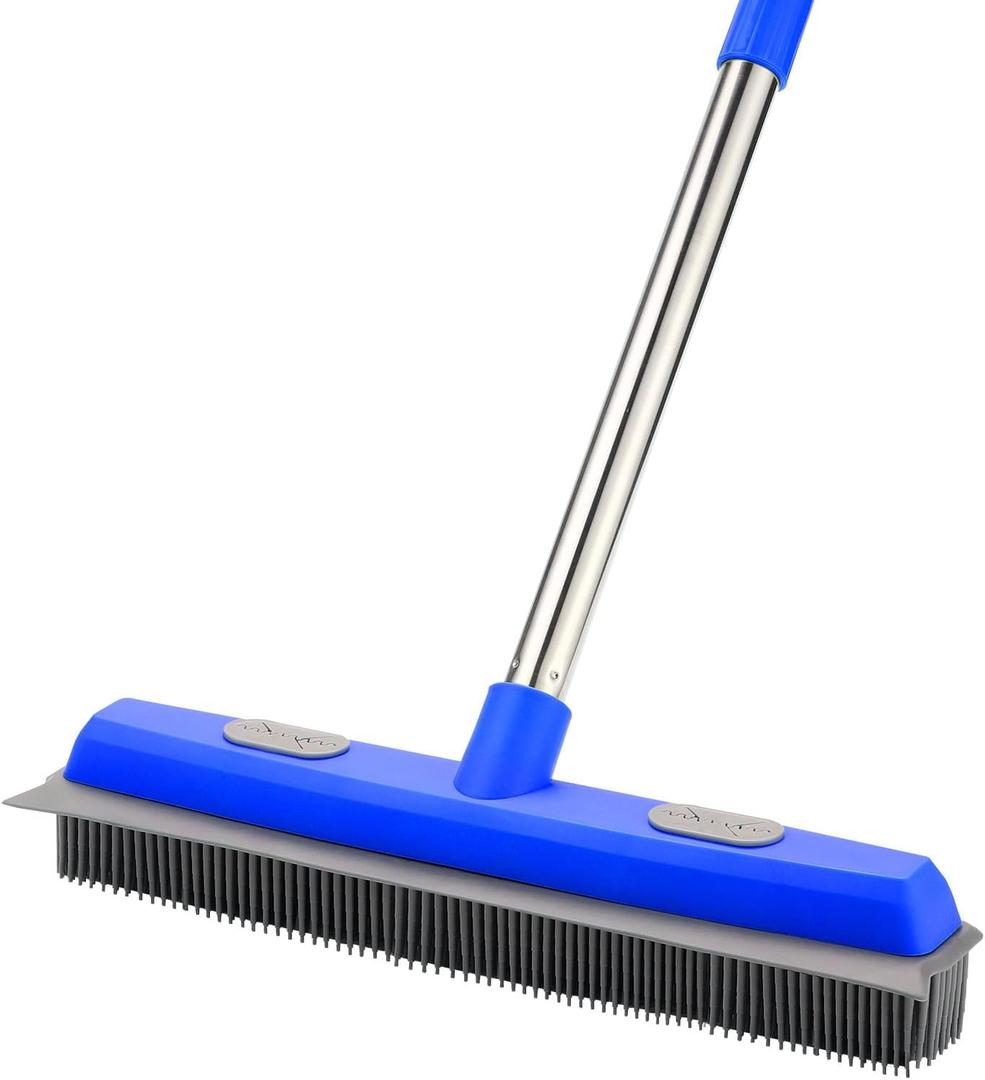 57" Rubber Broom for Pet Hair Removal, 2-in-1 Floor Brush & Squeegee, Extra Long Handle Fur Broom for Carpet, Hardwood, Tile & Windows | Pet Hair Remover with Lint Brush for Home & Auto Cleaning (Blue)