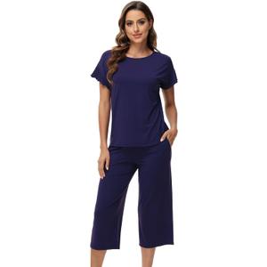 WiWi Woman Short Sleeve Top with Capris Pants Sets Soft Loose Pajamas Set Casual-Viscose from Bamboo, Navy, Medium